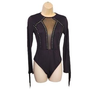 Unbranded Studded Mesh Front Cut Out Fringed Long Sleeve Bodysuit Black Size S